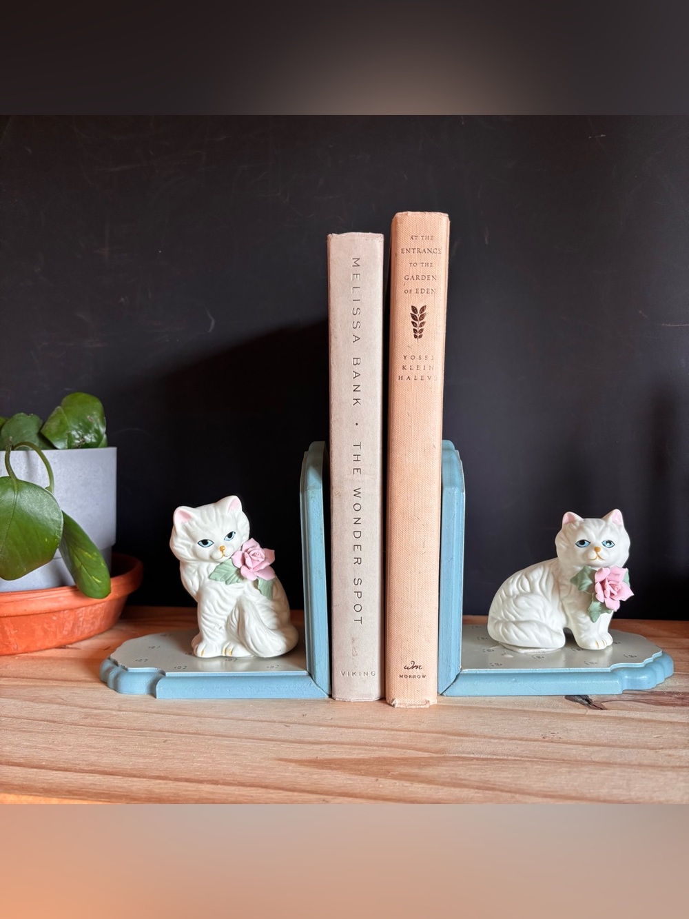 Vintage White Ceramic Cat Bookends with Pink Rose Accents
